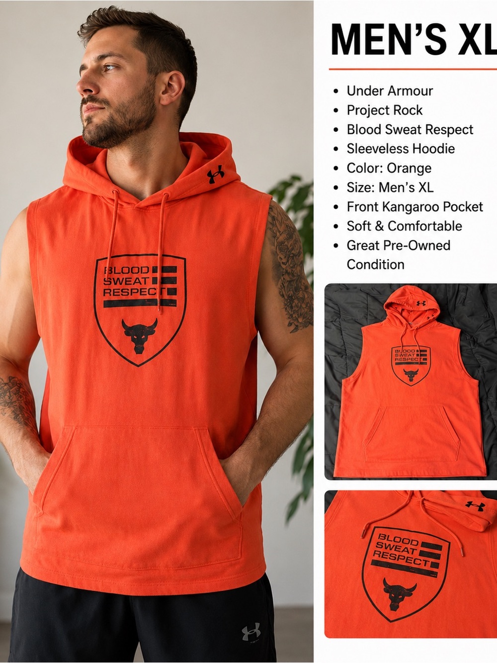 Under Armour Project Rock Orange XL Sleeveless Hoodie - Blood Sweat Respect Logo